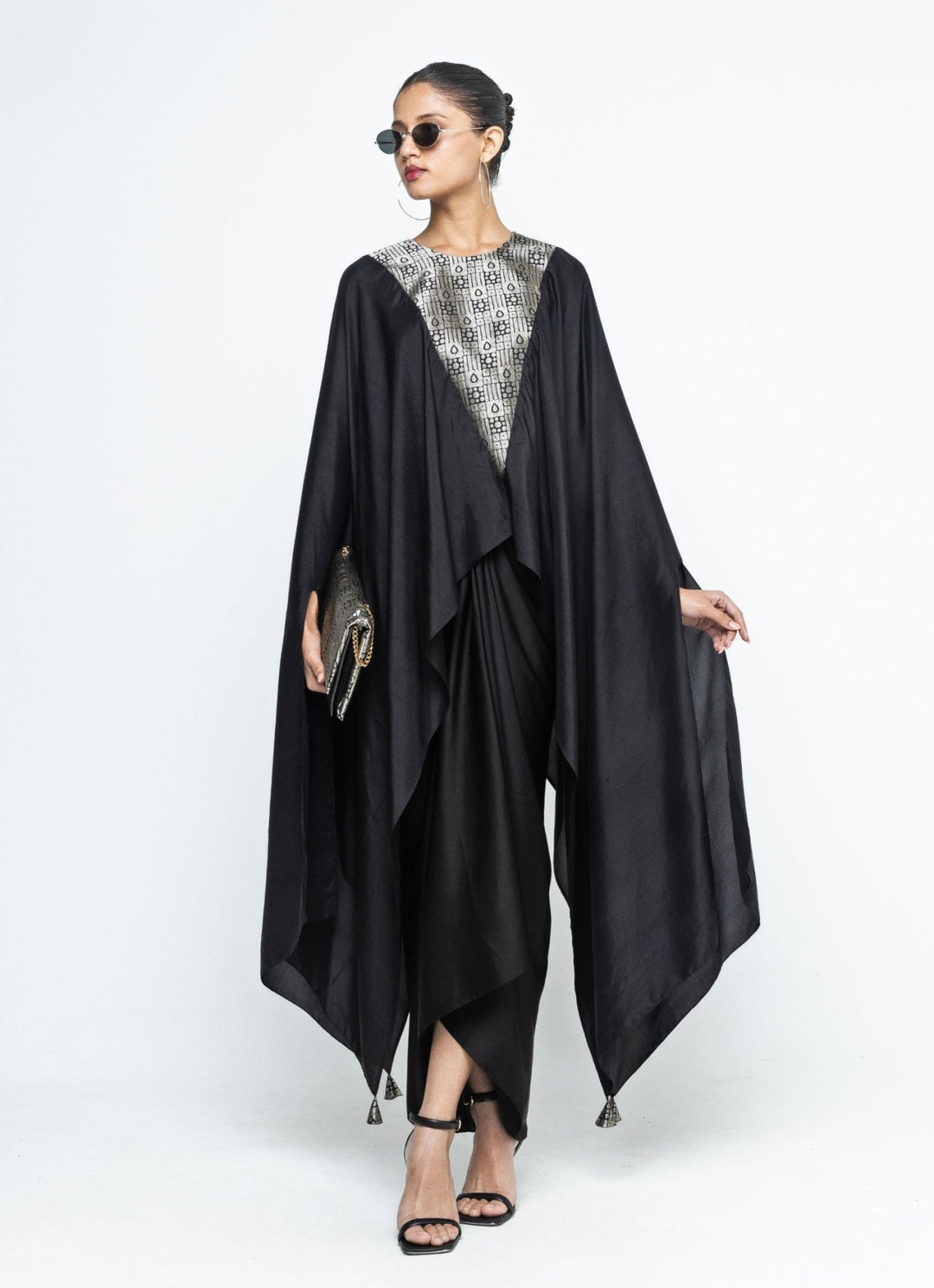 Black Asymmetric Silk Cape With Skirt Sobariko - Fabilicious Fashion