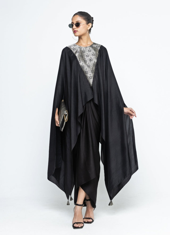 Black Asymmetric Silk Cape With Skirt Sobariko - Fabilicious Fashion