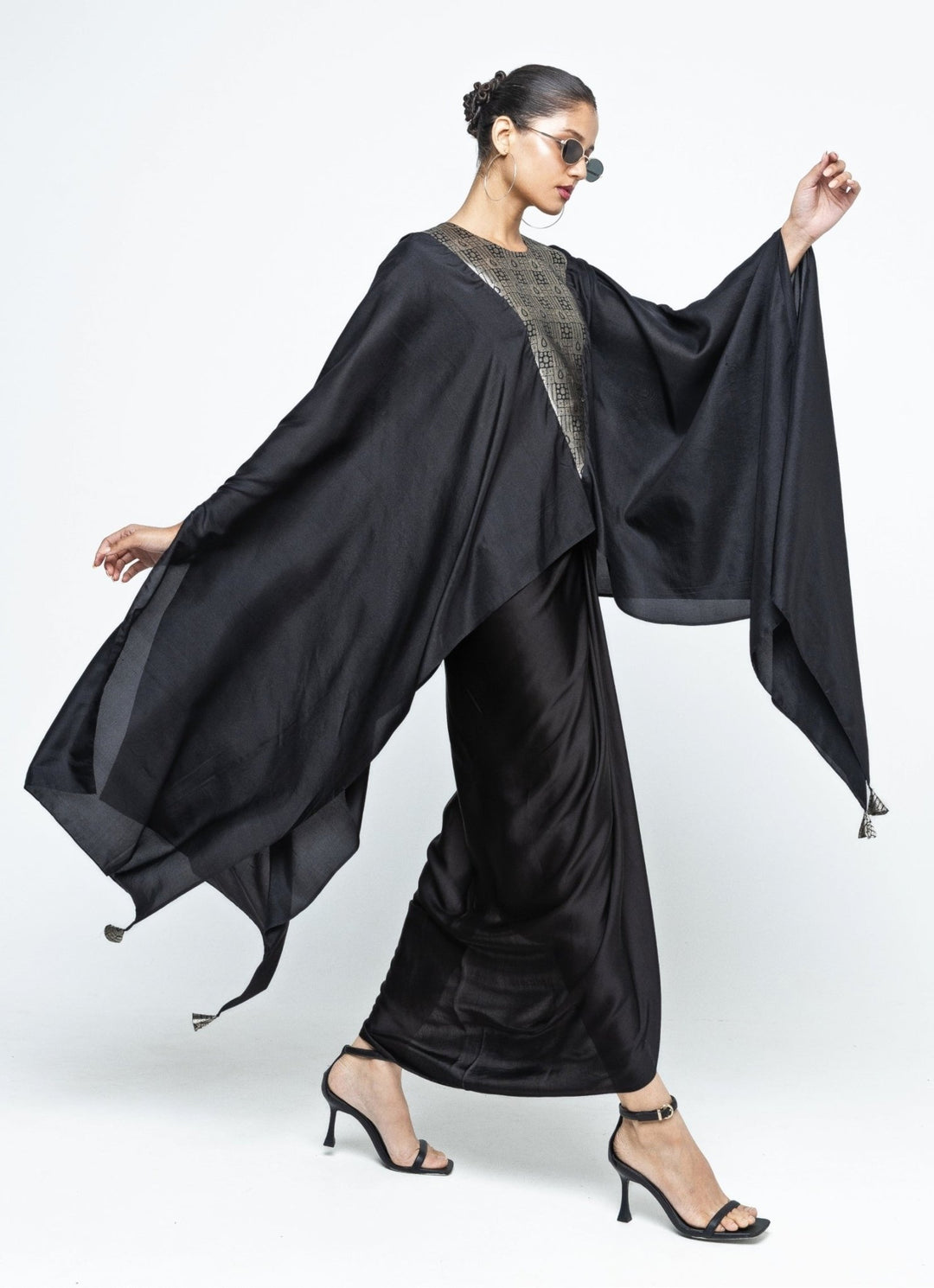 Black Asymmetric Silk Cape With Skirt Sobariko - Fabilicious Fashion