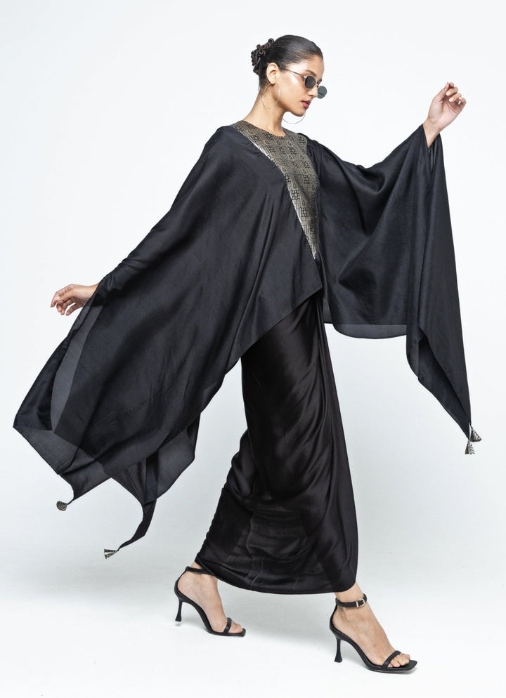 Black Asymmetric Silk Cape With Skirt Sobariko - Fabilicious Fashion
