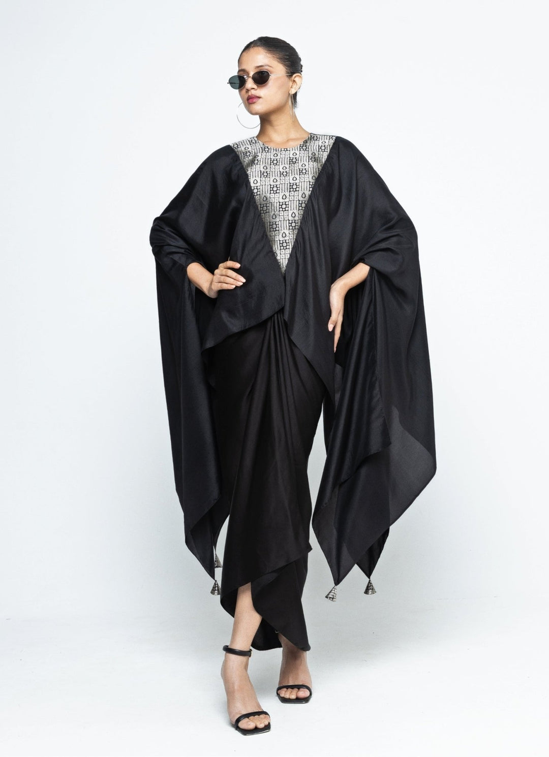 Black Asymmetric Silk Cape With Skirt Sobariko - Fabilicious Fashion