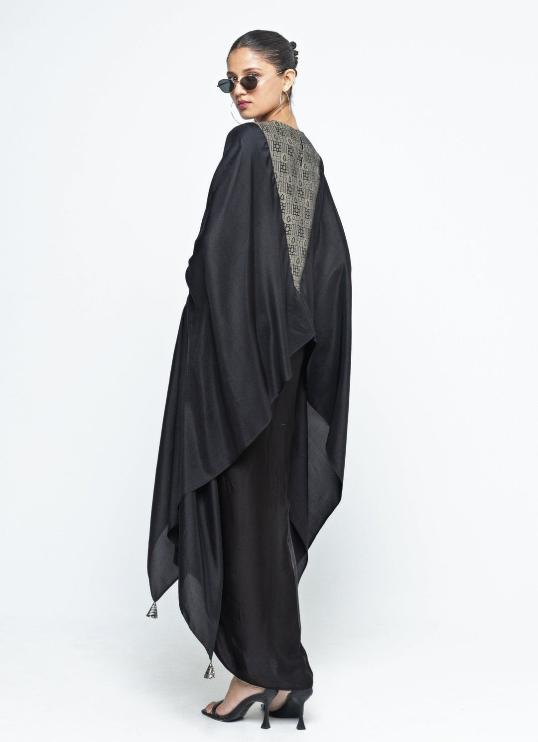 Black Asymmetric Silk Cape With Skirt Sobariko - Fabilicious Fashion