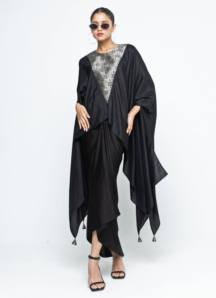 Black Asymmetric Silk Cape With Skirt Sobariko - Fabilicious Fashion
