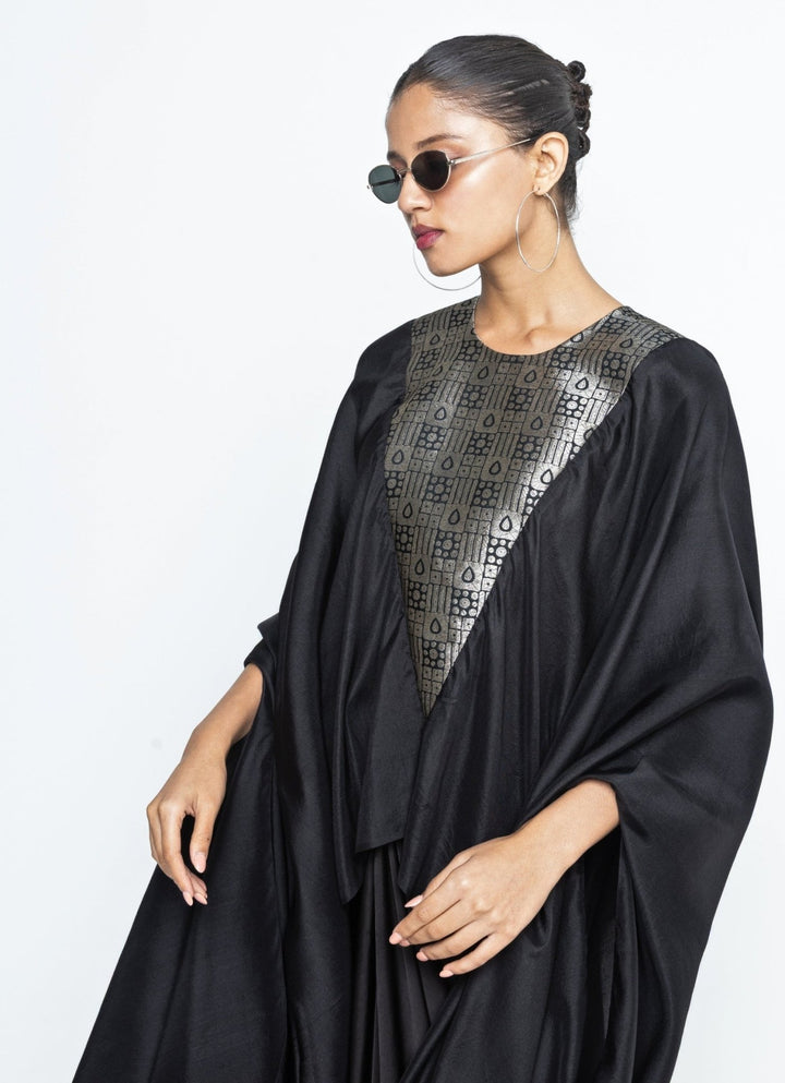 Black Asymmetric Silk Cape With Skirt Sobariko - Fabilicious Fashion
