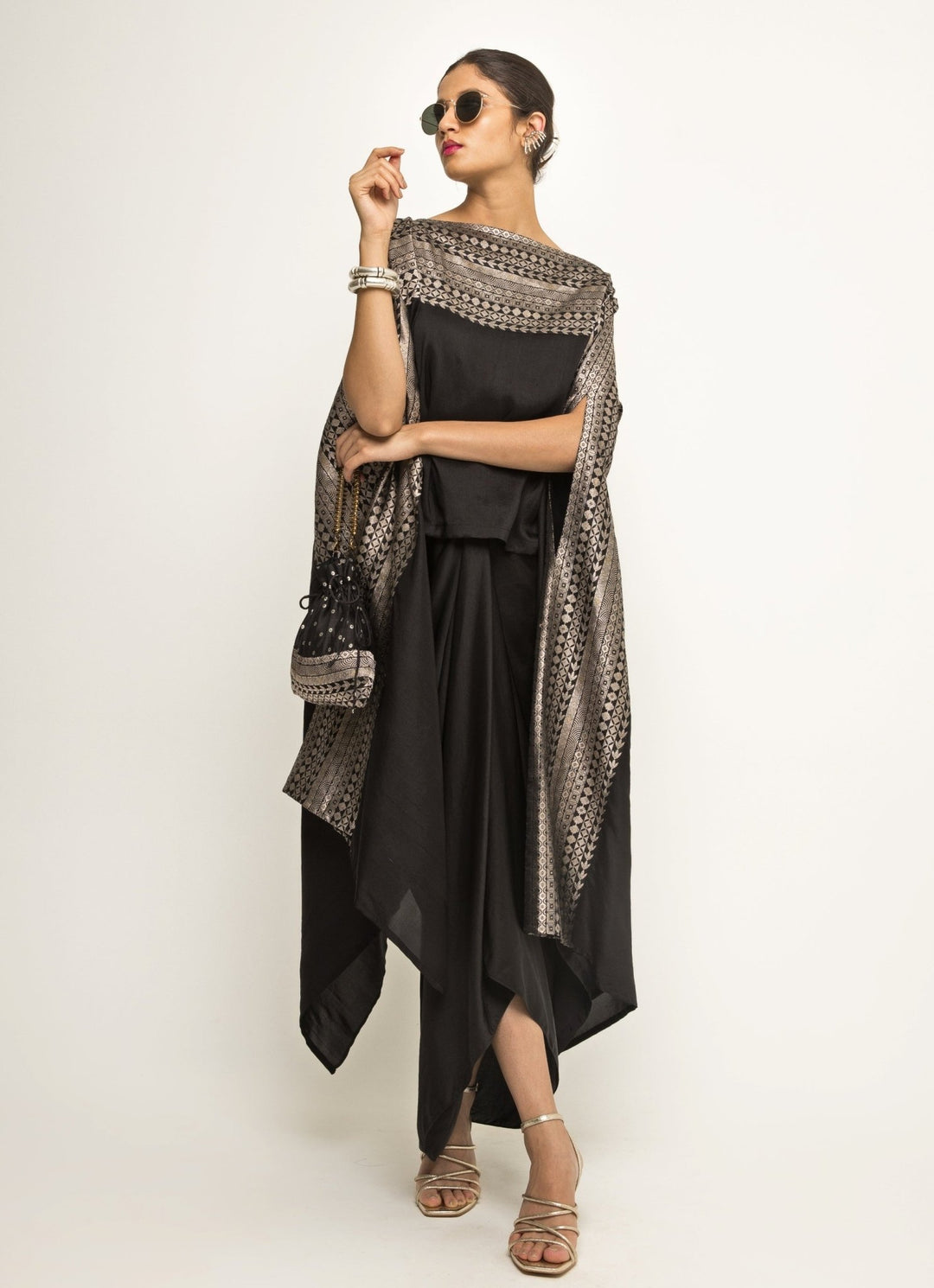 Black Asymmetric Silk Cape With Twisted Skirt Sobariko - Fabilicious Fashion