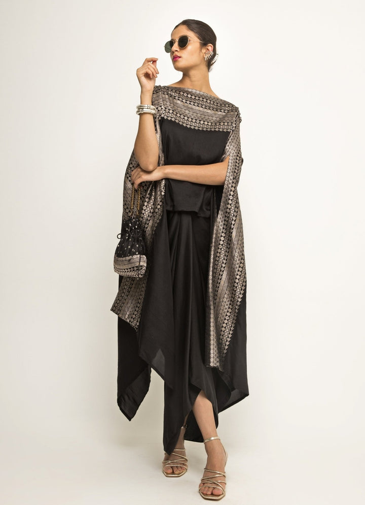 Black Asymmetric Silk Cape With Twisted Skirt Sobariko - Fabilicious Fashion