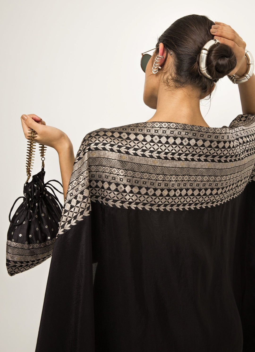 Black Asymmetric Silk Cape With Twisted Skirt Sobariko - Fabilicious Fashion