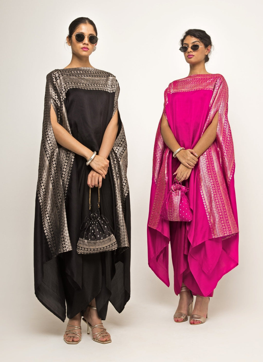 Black Asymmetric Silk Cape With Twisted Skirt Sobariko - Fabilicious Fashion