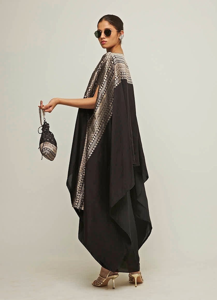 Black Asymmetric Silk Cape With Twisted Skirt Sobariko - Fabilicious Fashion