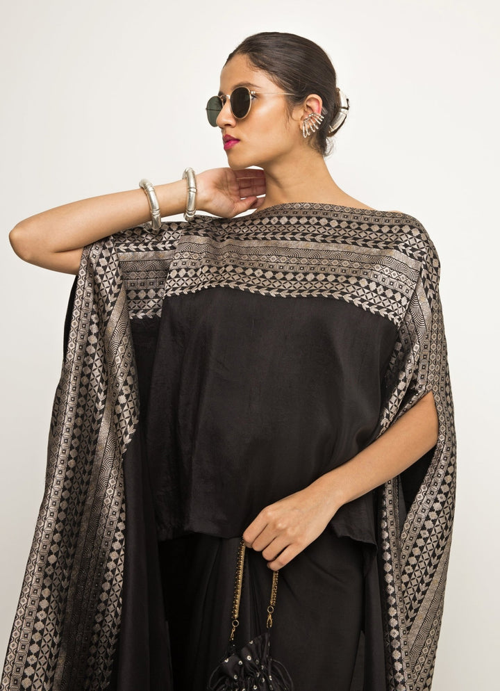Black Asymmetric Silk Cape With Twisted Skirt Sobariko - Fabilicious Fashion