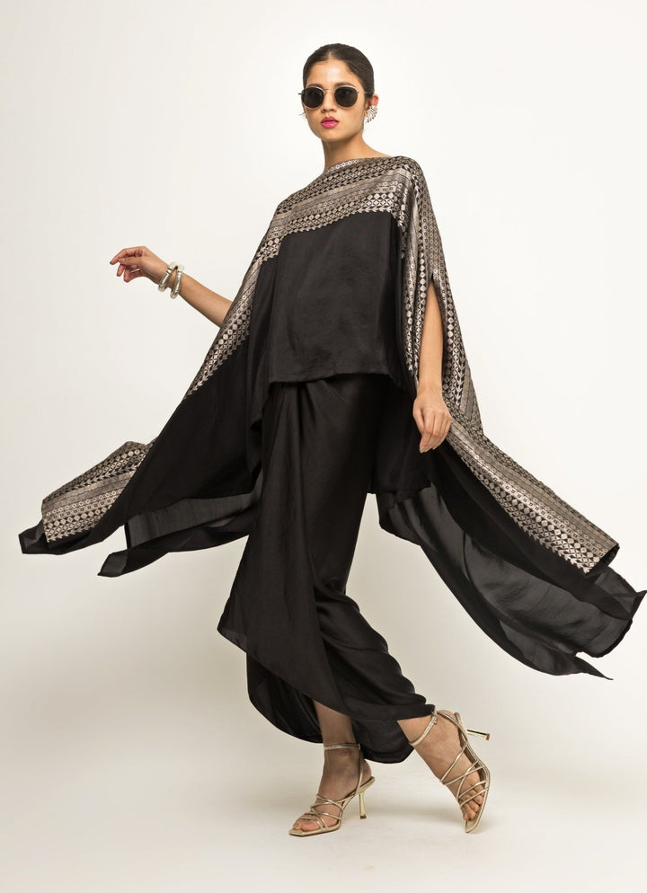 Black Asymmetric Silk Cape With Twisted Skirt Sobariko - Fabilicious Fashion