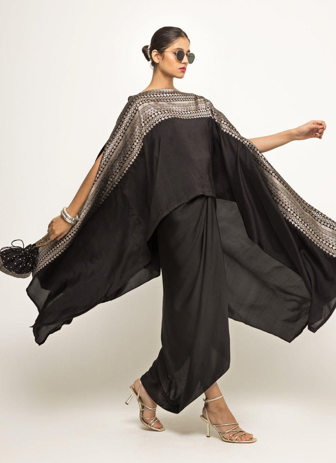 Black Asymmetric Silk Cape With Twisted Skirt Sobariko - Fabilicious Fashion