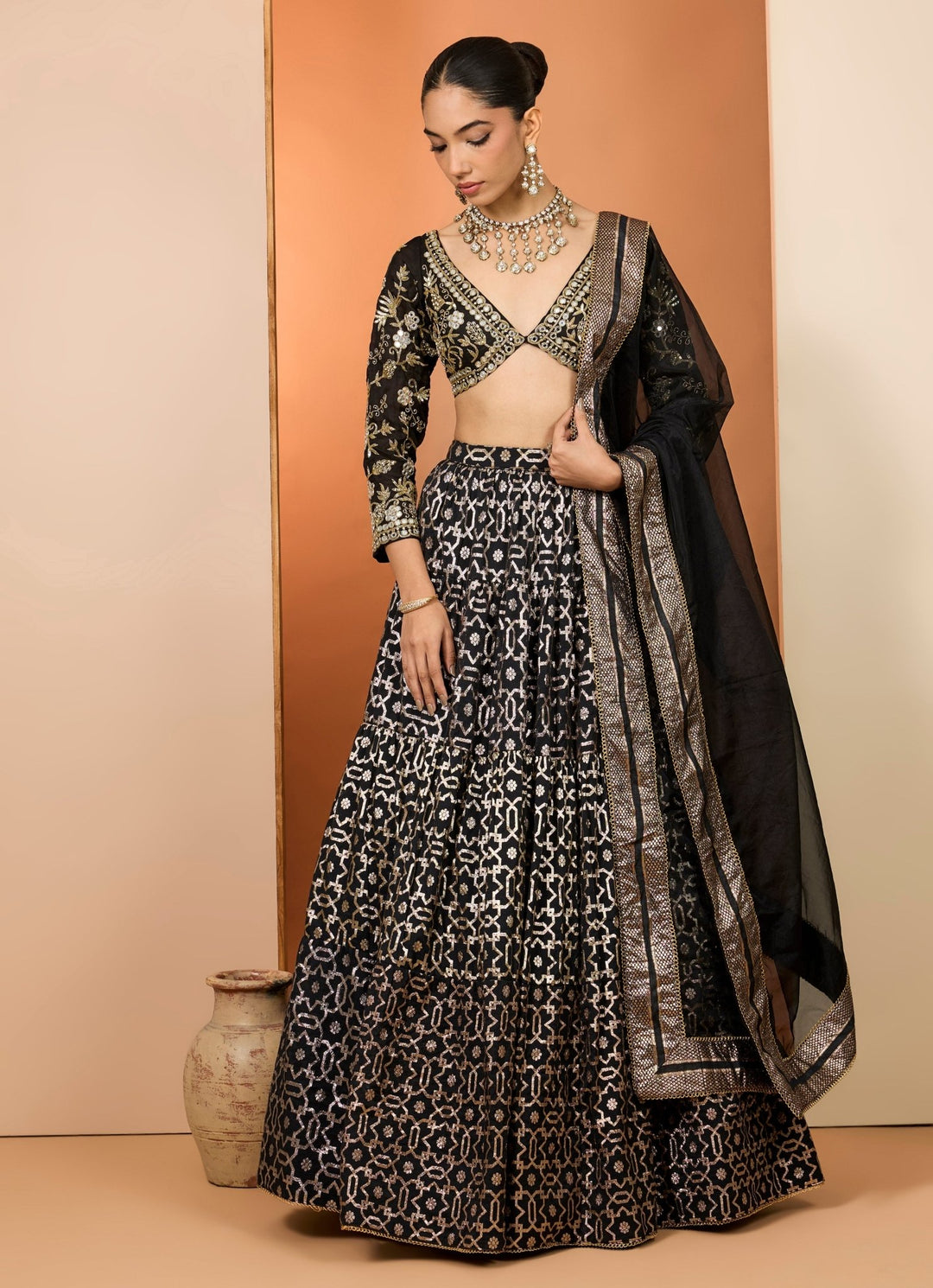 Black Banarasi Chanderi Lehenga Set Neha Khullar - Fabilicious Fashion