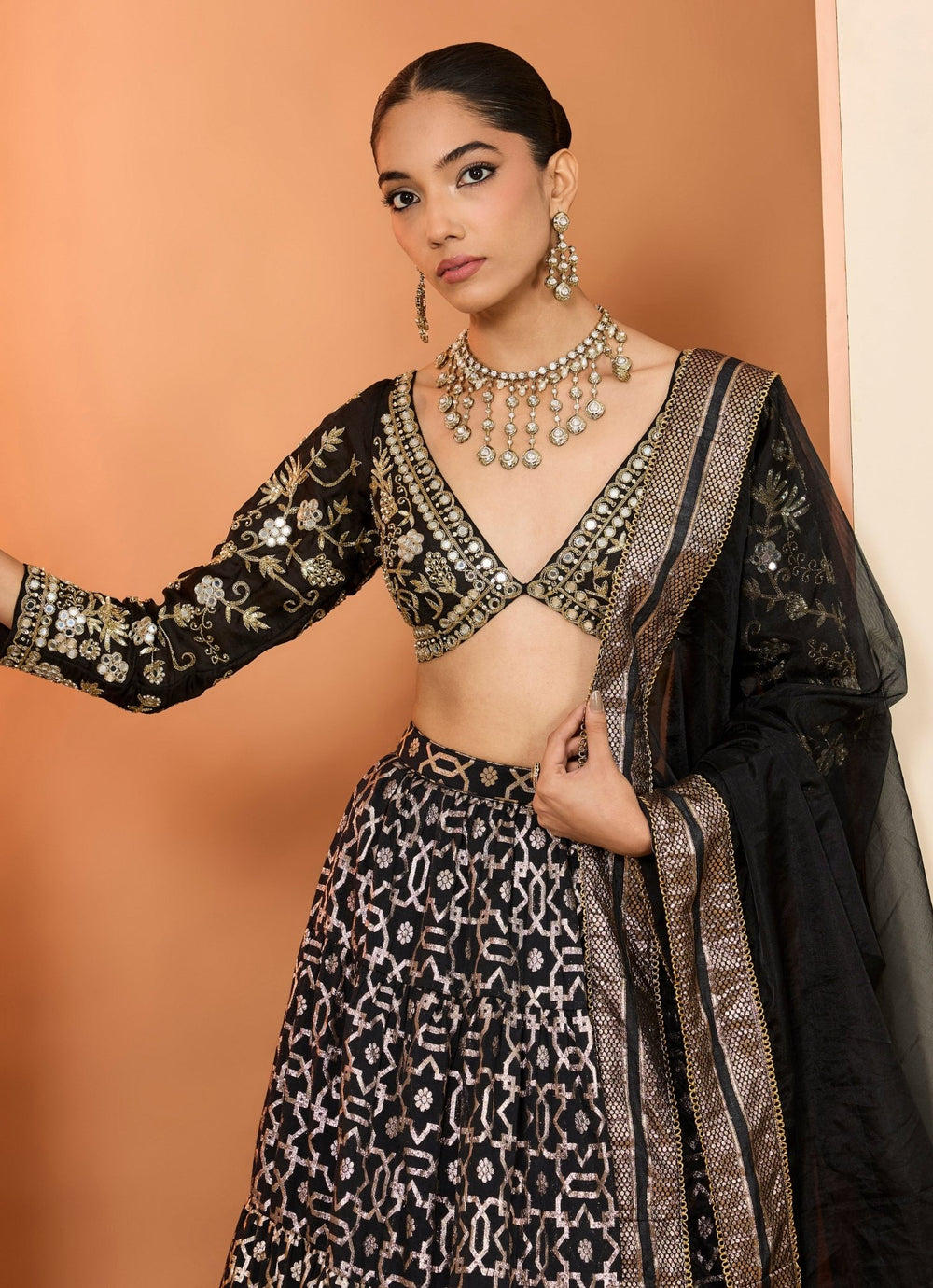 Black Banarasi Chanderi Lehenga Set Neha Khullar - Fabilicious Fashion