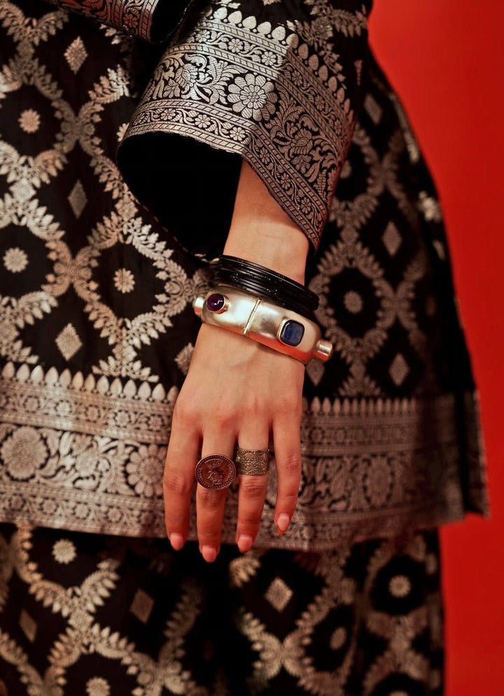 Black Banarasi Dotted Butti Silk Kurta Pants Set Sobariko - Fabilicious Fashion