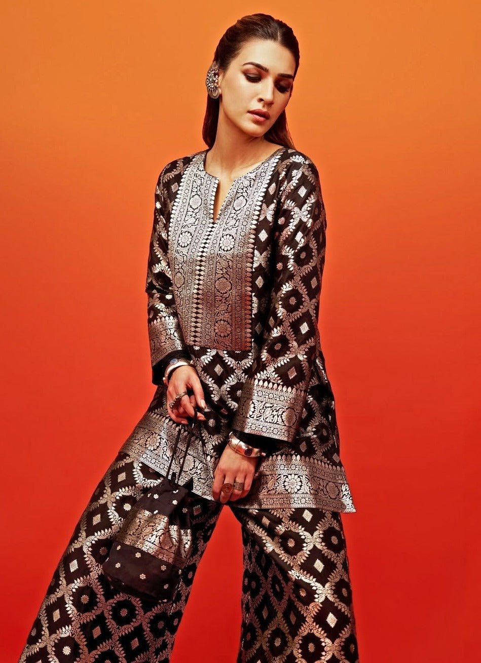 Black Banarasi Dotted Butti Silk Kurta Pants Set Sobariko - Fabilicious Fashion