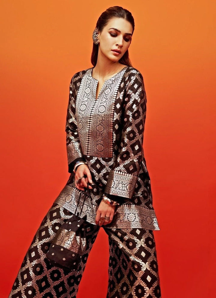 Black Banarasi Dotted Butti Silk Kurta Pants Set Sobariko - Fabilicious Fashion