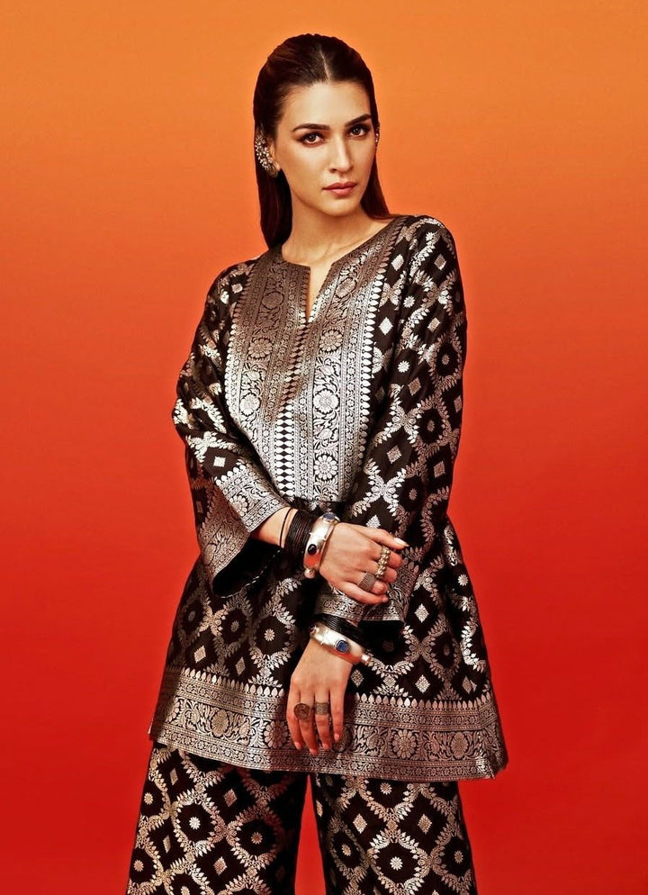 Black Banarasi Dotted Butti Silk Kurta Pants Set Sobariko - Fabilicious Fashion