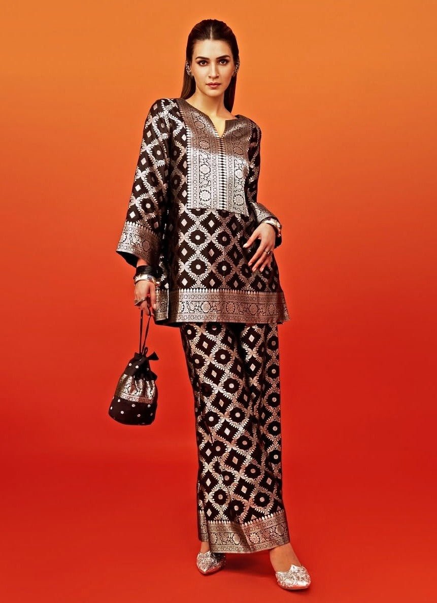 Black Banarasi Dotted Butti Silk Kurta Pants Set Sobariko - Fabilicious Fashion