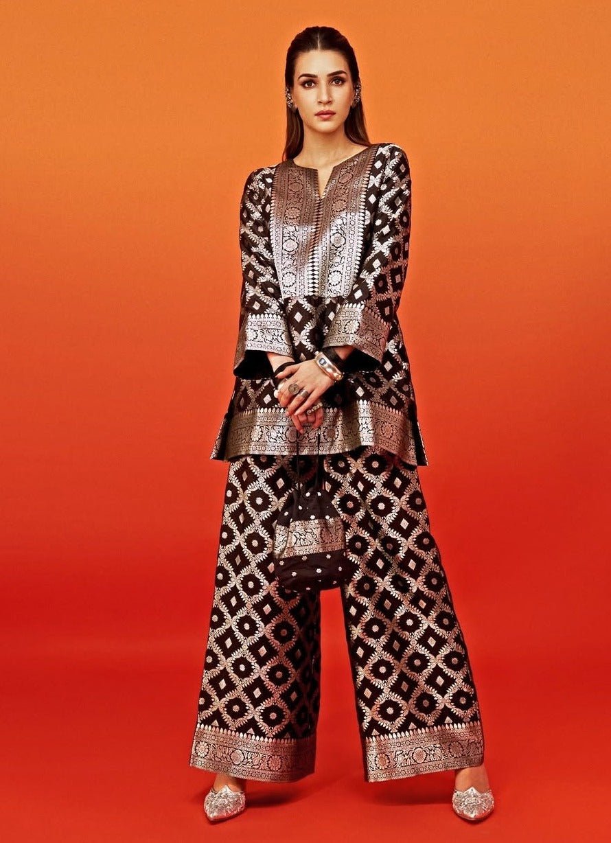 Black Banarasi Dotted Butti Silk Kurta Pants Set Sobariko - Fabilicious Fashion