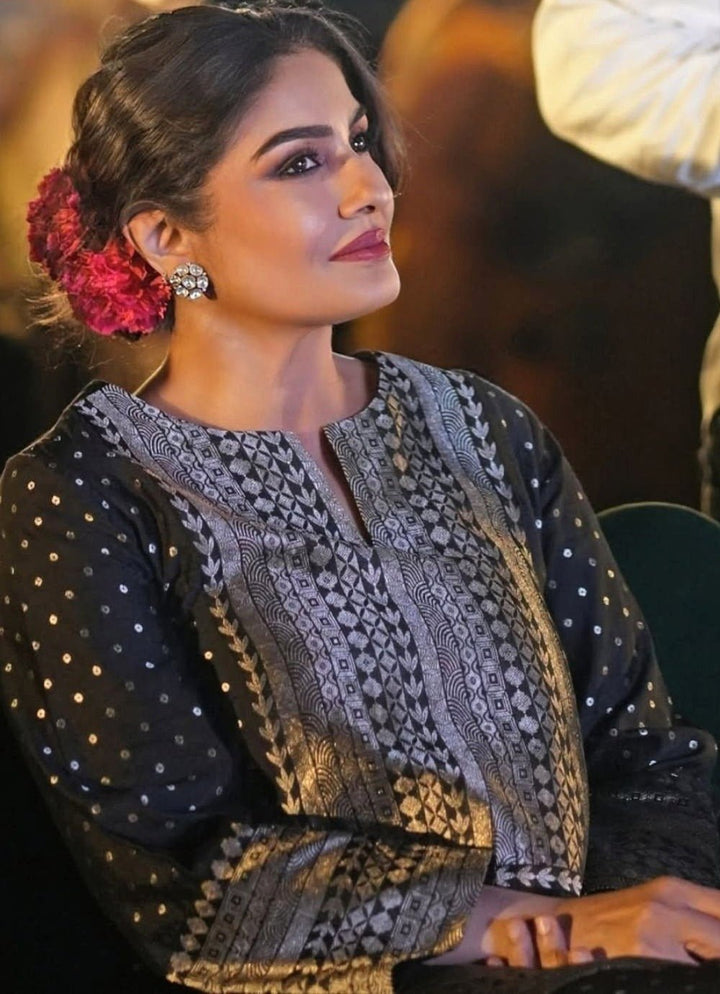 Black Banarasi Dotted Silk Kurta Pants Set Sobariko - Fabilicious Fashion