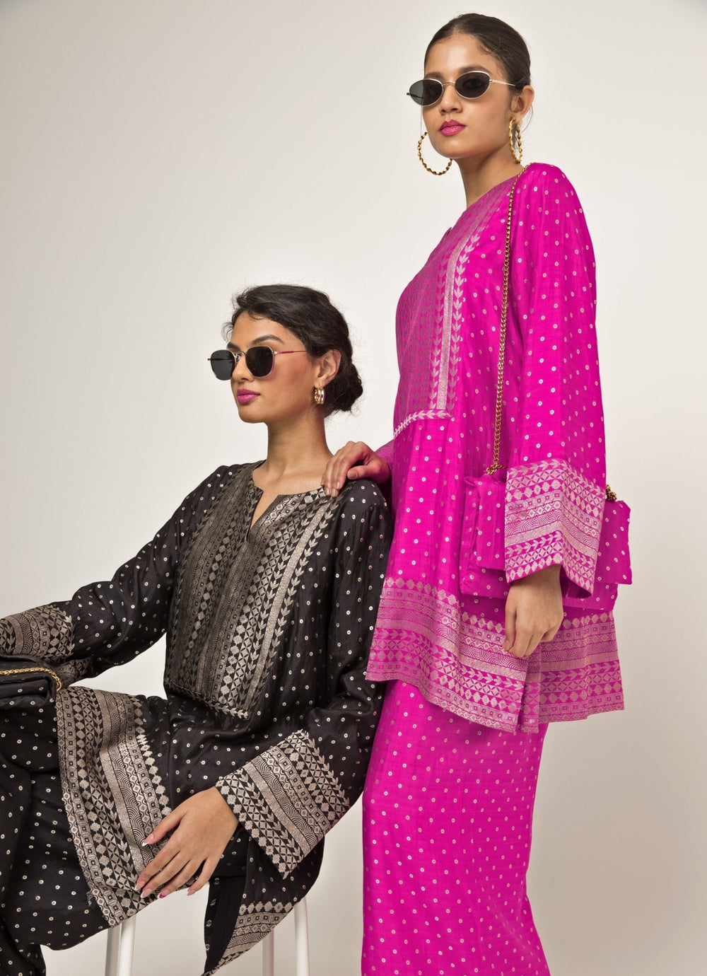 Black Banarasi Dotted Silk Kurta Pants Set Sobariko - Fabilicious Fashion