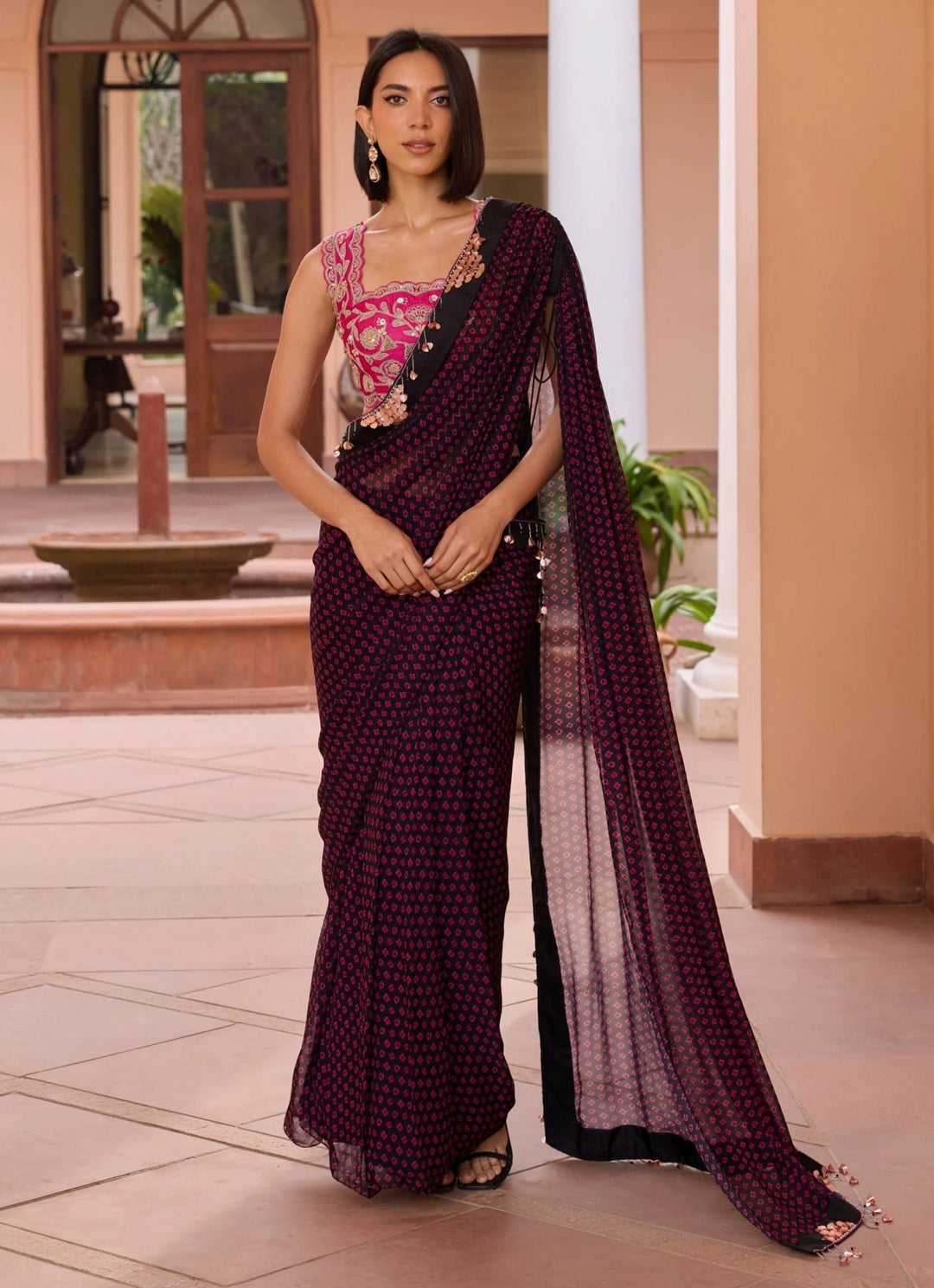 Black Bandhani Georgette Pre - Stitched Saree With An Embroidered Pink Blouse Isha Gupta Tayal - Fabilicious Fashion
