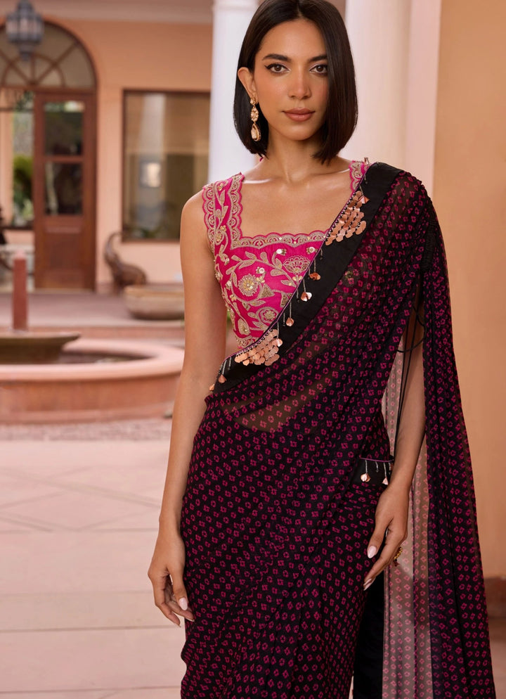 Black Bandhani Georgette Pre - Stitched Saree With An Embroidered Pink Blouse Isha Gupta Tayal - Fabilicious Fashion