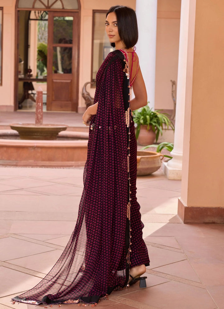 Black Bandhani Georgette Pre - Stitched Saree With An Embroidered Pink Blouse Isha Gupta Tayal - Fabilicious Fashion