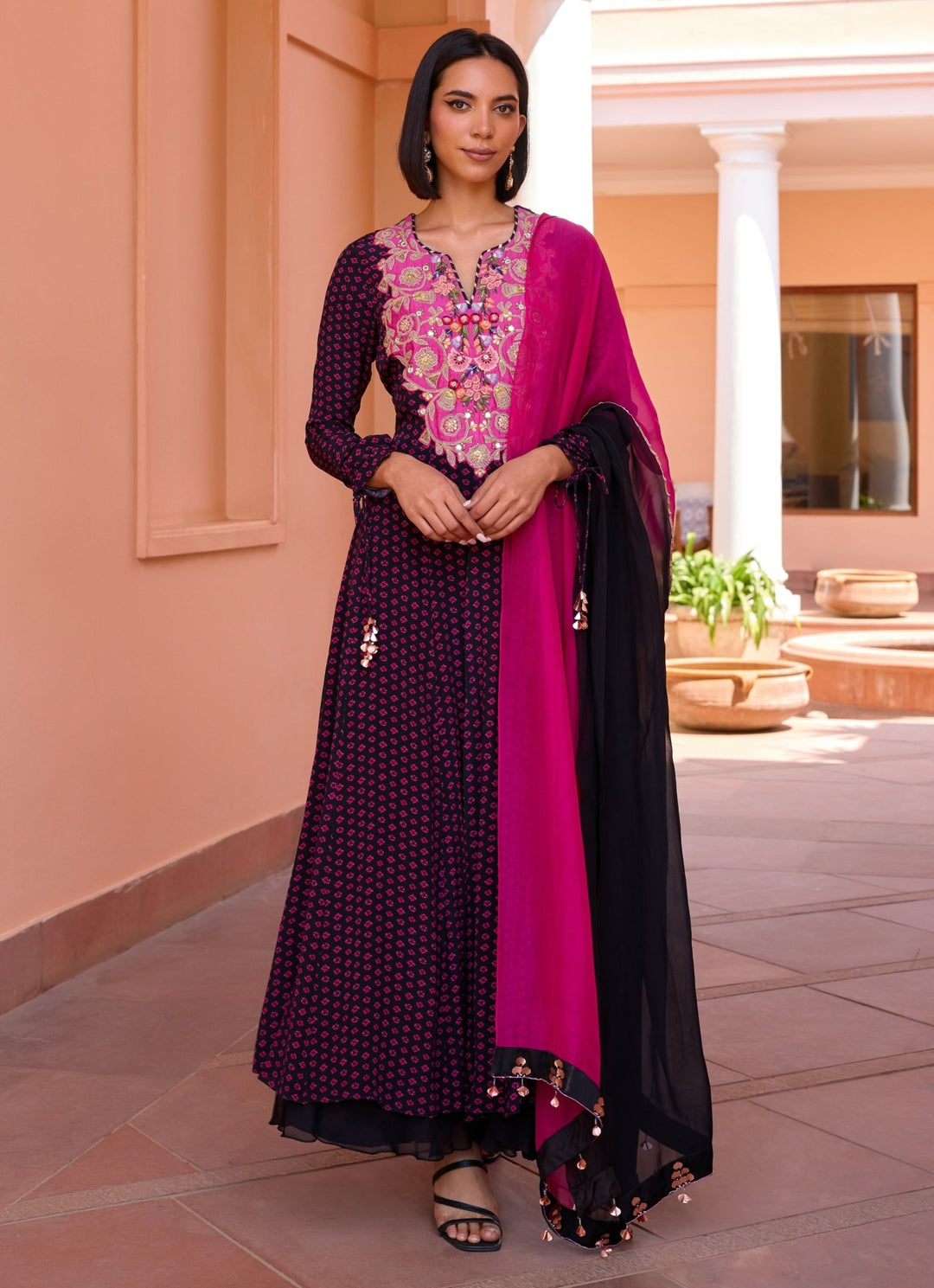 Black Bandhani Slit Anarkali With Sharara Set Isha Gupta Tayal - Fabilicious Fashion