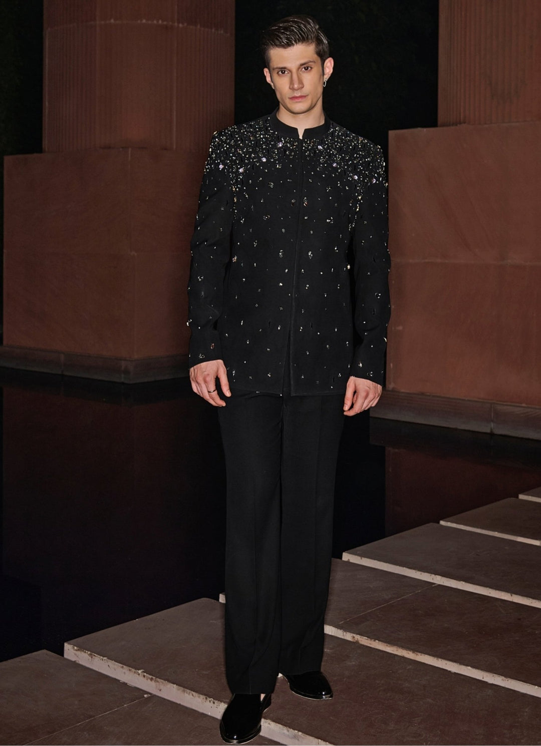 Black Bandhgala Set Sequinned With Crystal and Stonework Contrast By Parth - Fabilicious Fashion