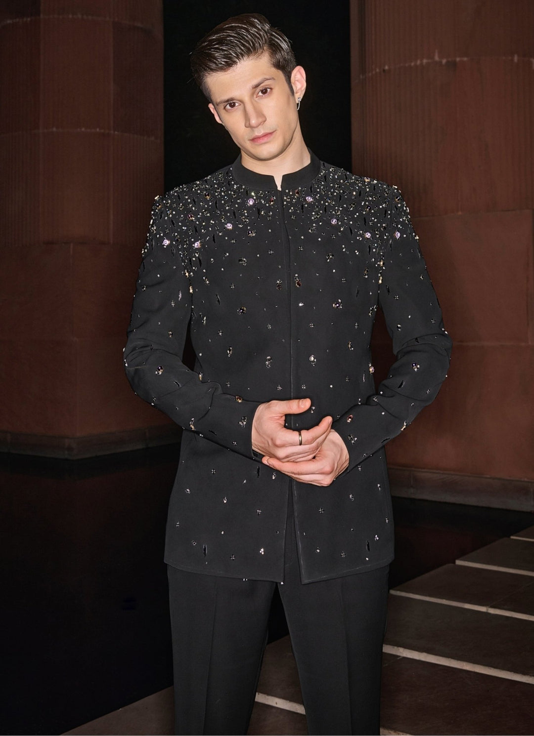 Black Bandhgala Set Sequinned With Crystal and Stonework Contrast By Parth - Fabilicious Fashion