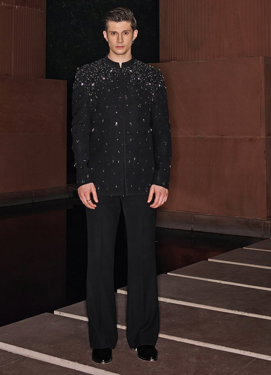 Black Bandhgala Set Sequinned With Crystal and Stonework Contrast By Parth - Fabilicious Fashion
