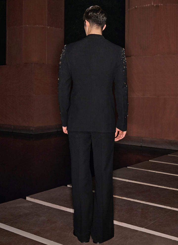 Black Bandhgala Set Sequinned With Crystal and Stonework Contrast By Parth - Fabilicious Fashion