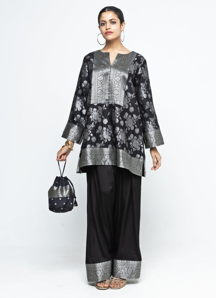 Black Brocade Floral Jaal Silk Kurta Salwar Set Sobariko - Fabilicious Fashion