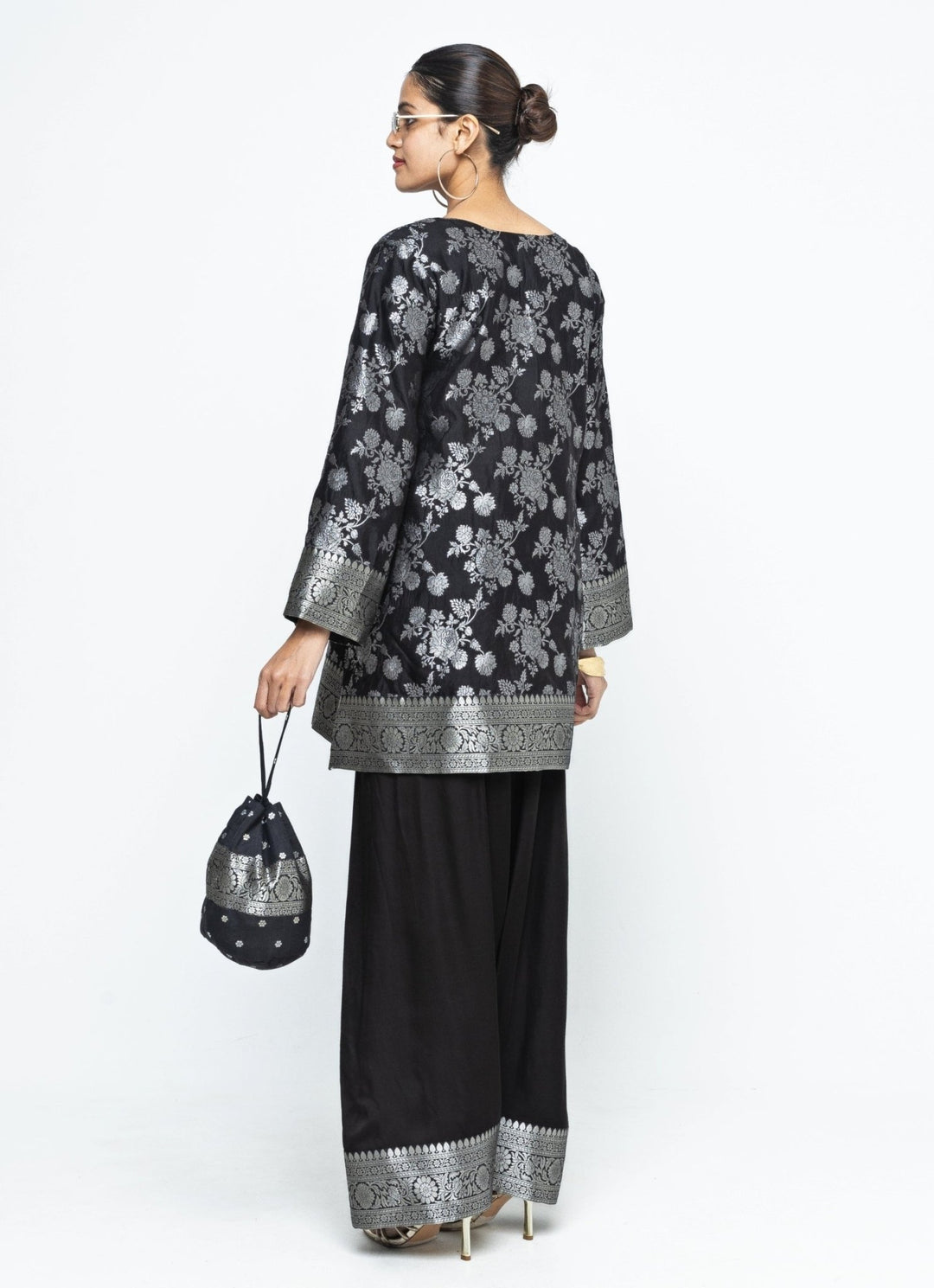 Black Brocade Floral Jaal Silk Kurta Salwar Set Sobariko - Fabilicious Fashion