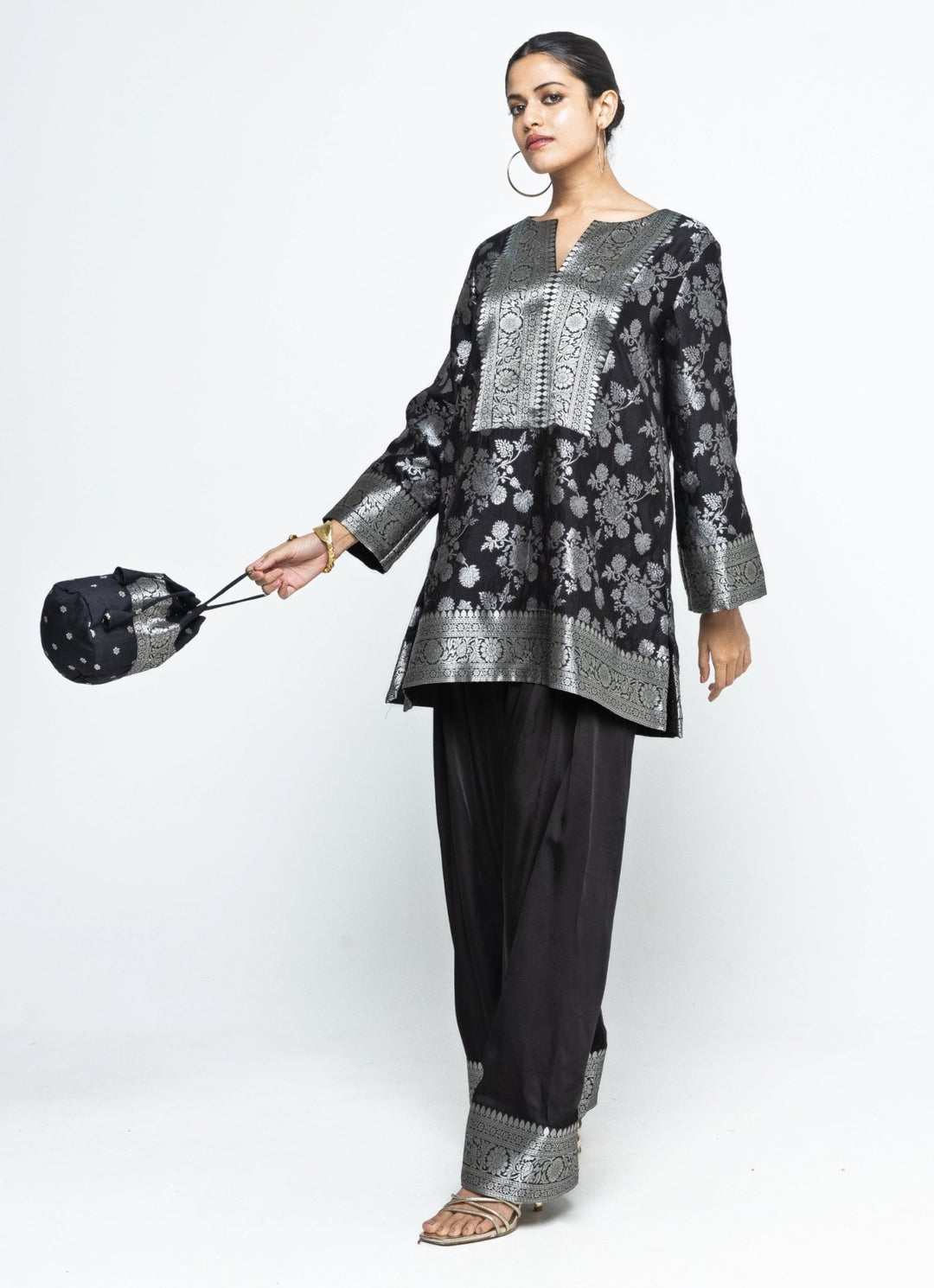 Black Brocade Floral Jaal Silk Kurta Salwar Set Sobariko - Fabilicious Fashion