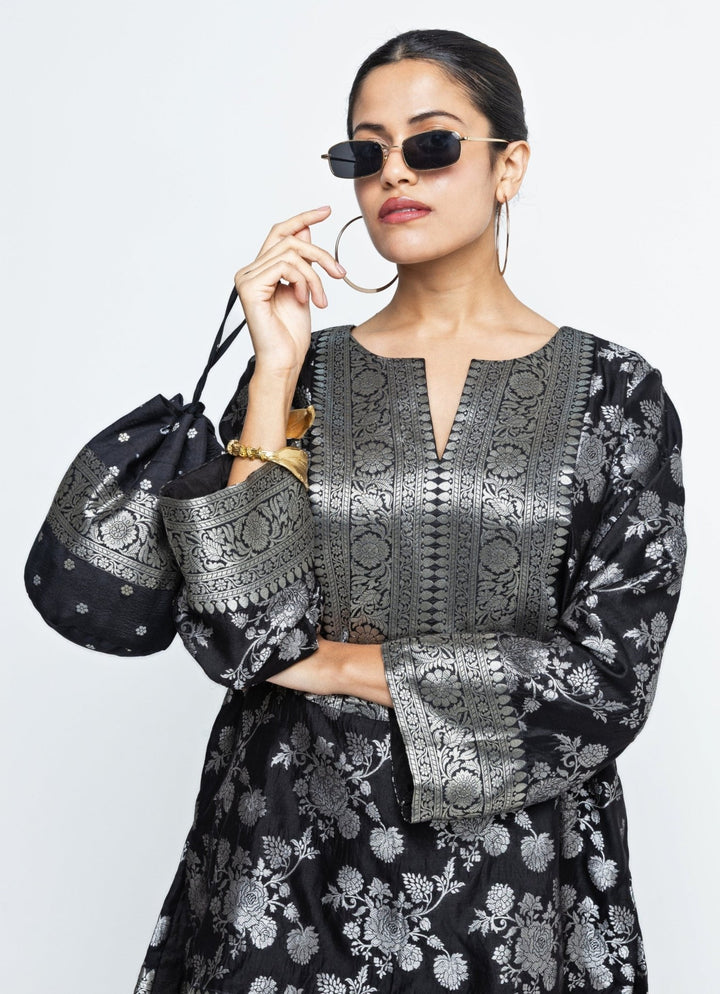 Black Brocade Floral Jaal Silk Kurta Salwar Set Sobariko - Fabilicious Fashion