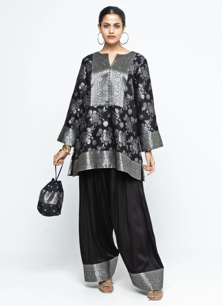 Black Brocade Floral Jaal Silk Kurta Salwar Set Sobariko - Fabilicious Fashion