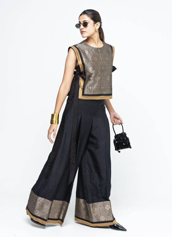 Black Brocade Silk Bib Top With Pants Sobariko - Fabilicious Fashion