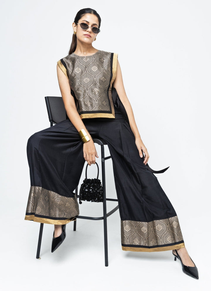 Black Brocade Silk Bib Top With Pants Sobariko - Fabilicious Fashion