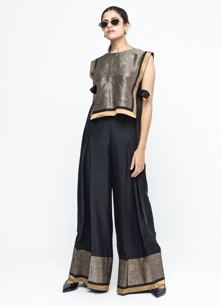 Black Brocade Silk Bib Top With Pants Sobariko - Fabilicious Fashion