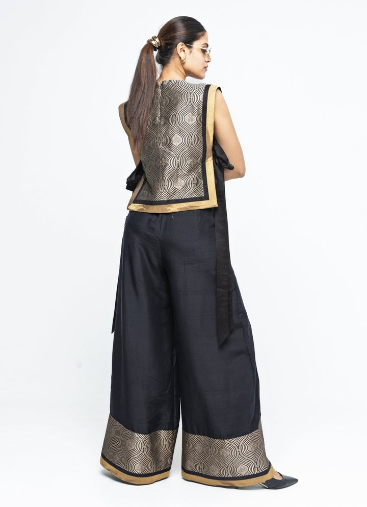 Black Brocade Silk Bib Top With Pants Sobariko - Fabilicious Fashion