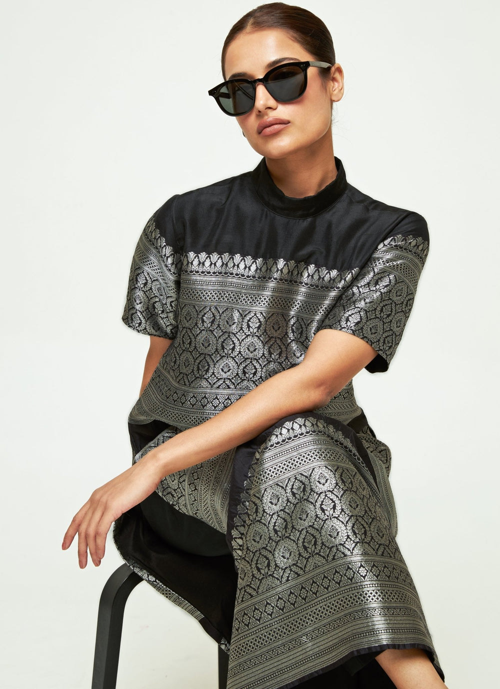Sobariko Black Brocade Silk High Neck Kurta Pants SetFabilicious Fashion