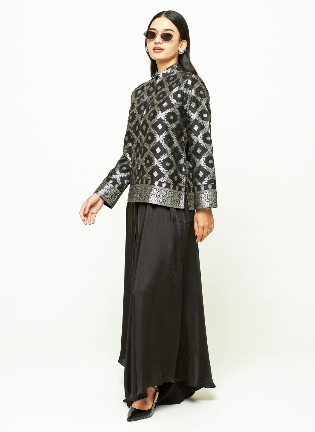 Sobariko Black Brocade Silk Jacket Pants SetFabilicious Fashion