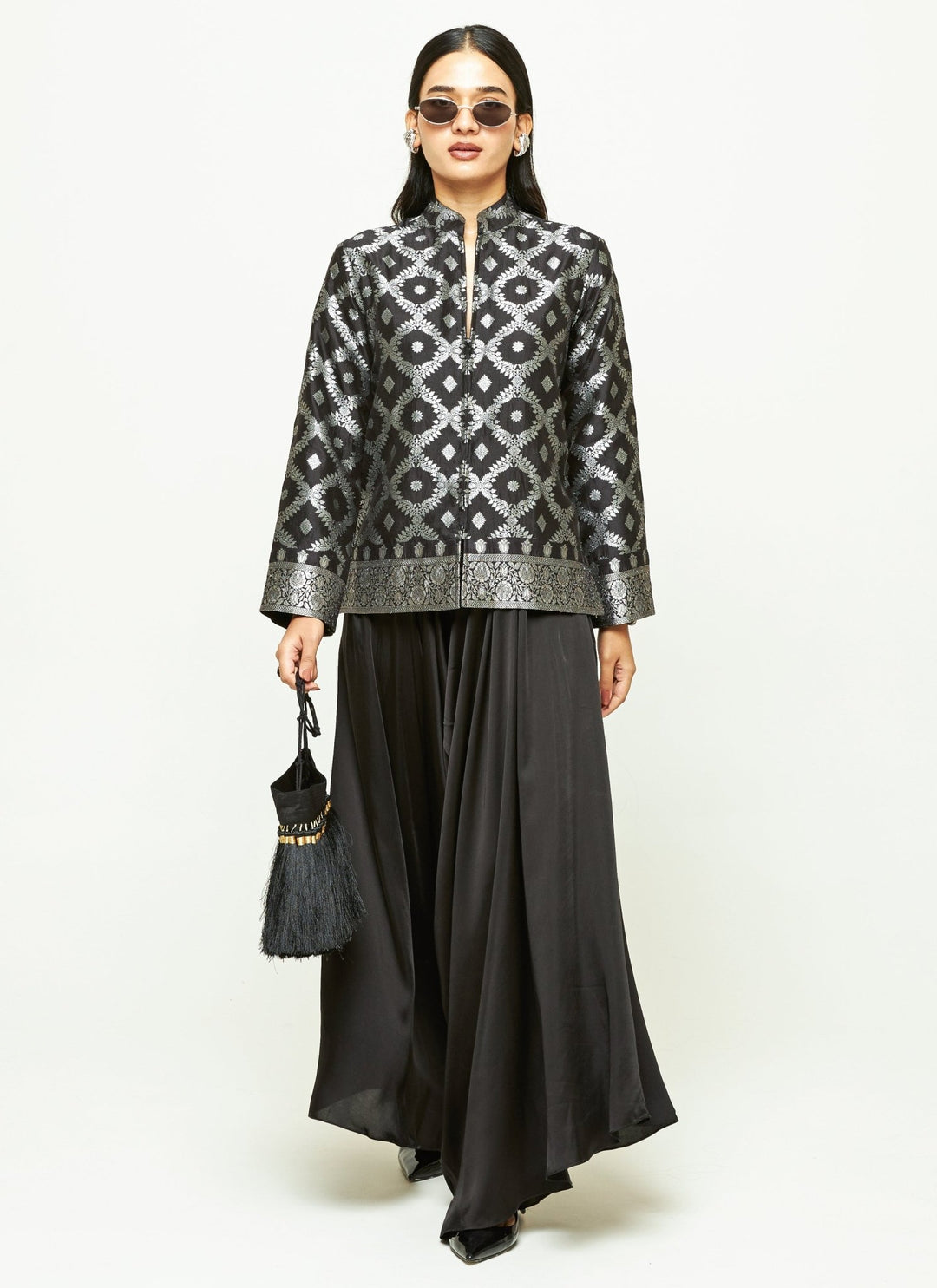 Sobariko Black Brocade Silk Jacket Pants SetFabilicious Fashion