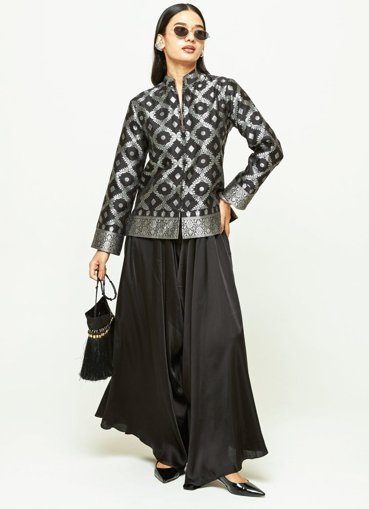 Sobariko Black Brocade Silk Jacket Pants SetFabilicious Fashion
