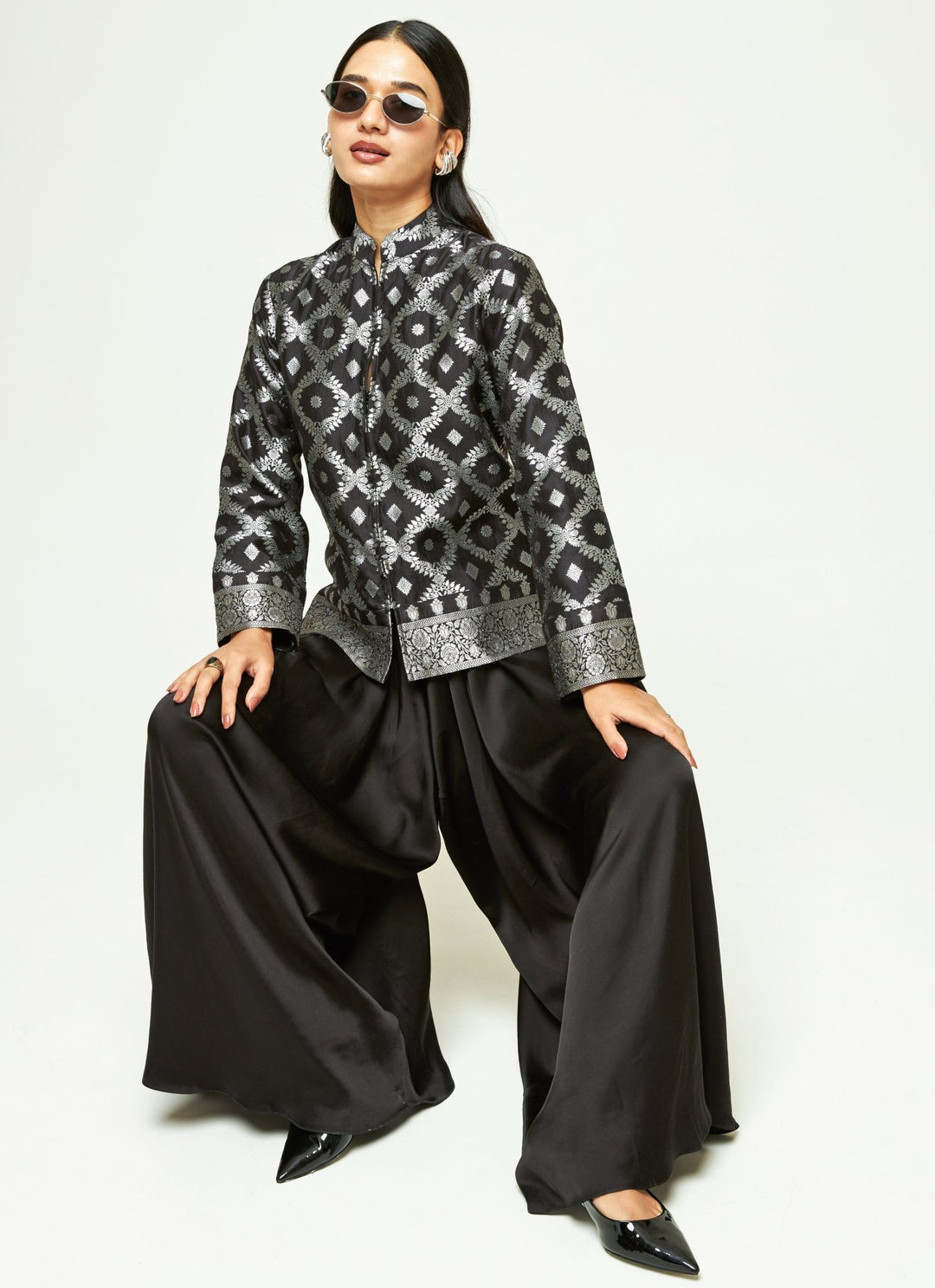 Sobariko Black Brocade Silk Jacket Pants SetFabilicious Fashion