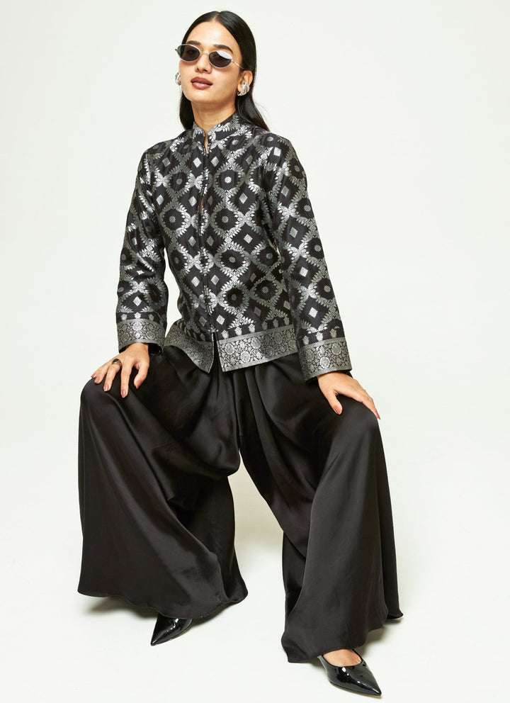 Sobariko Black Brocade Silk Jacket Pants SetFabilicious Fashion