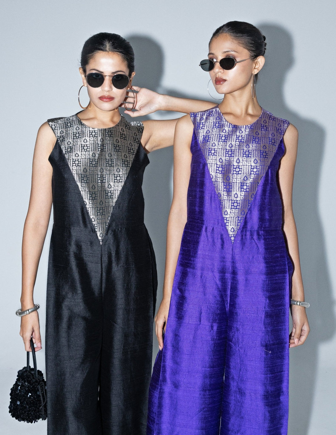 Black Brocade Silk Jumpsuit Sobariko - Fabilicious Fashion